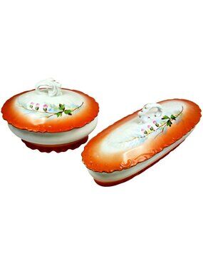 Vintage Luster-Style Covered Vanity Dishes – Rosebud Motif, Hand-Numbered Pair